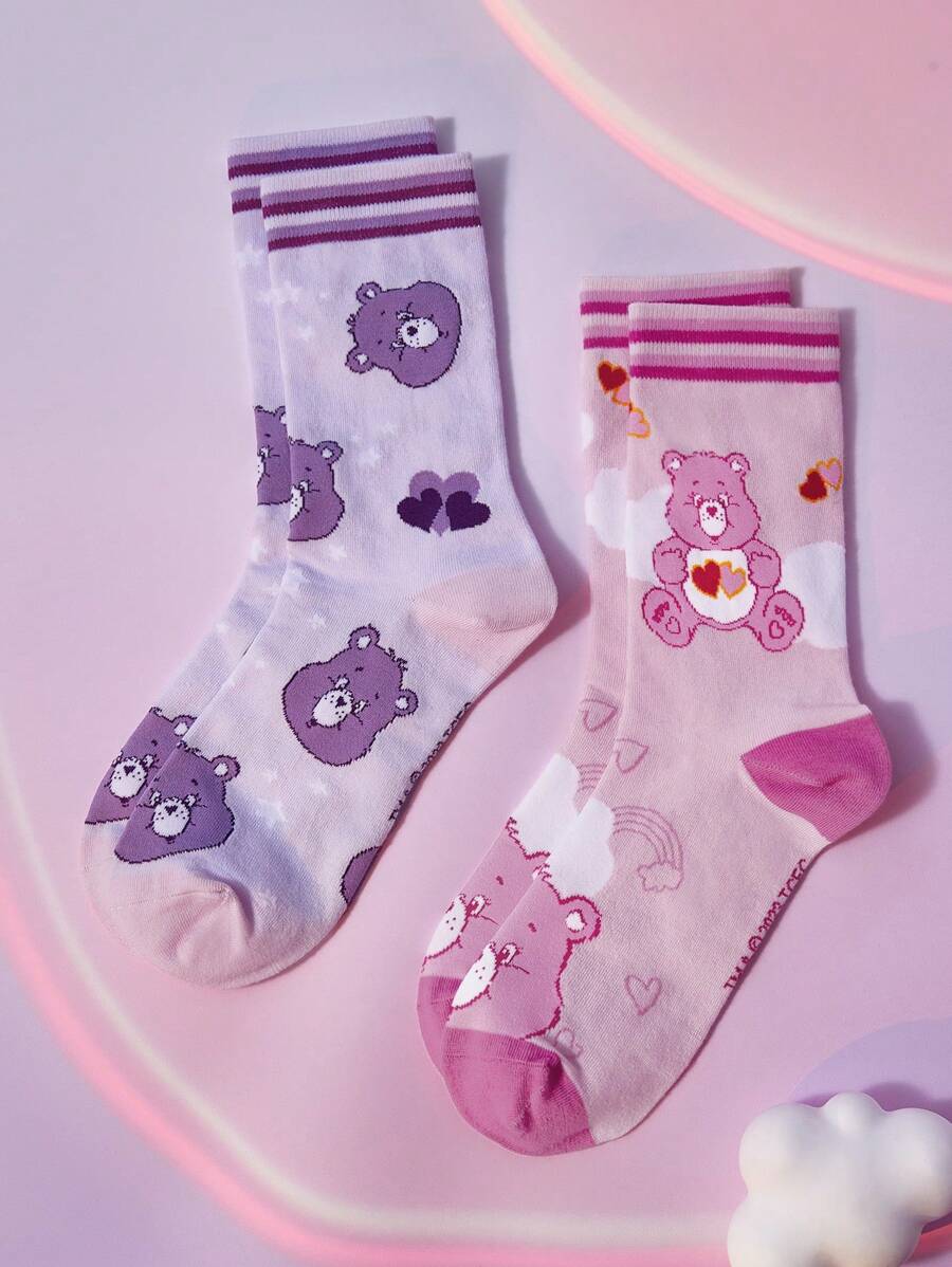 SHEIN X Care Bears 2 Pairs Women Striped & Heart Design Mid Calf Socks, Purple & Pink