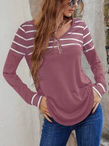 SHEIN LUNE In sọc Nút Nửa Curved Hem Áo thun - Màu tím hoa cà - Xem 6
