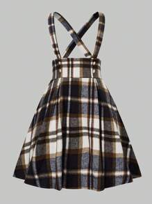 SHEIN LUNE Plus Plaid Print Crisscross Back Pinafore Dress - Brown - View 1