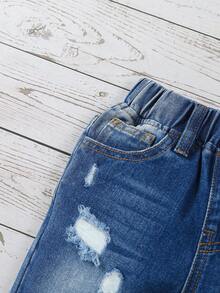 Baby Boy Elastic Waist Ripped Roll Hem Jeans - Medium Wash - View 3