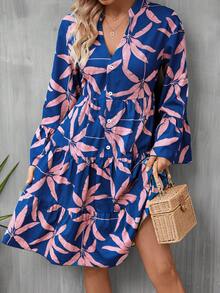 SHEIN VCAY Váy viền tay loe in họa tiết nhiệt đới - Màu xanh lam - Xem 5