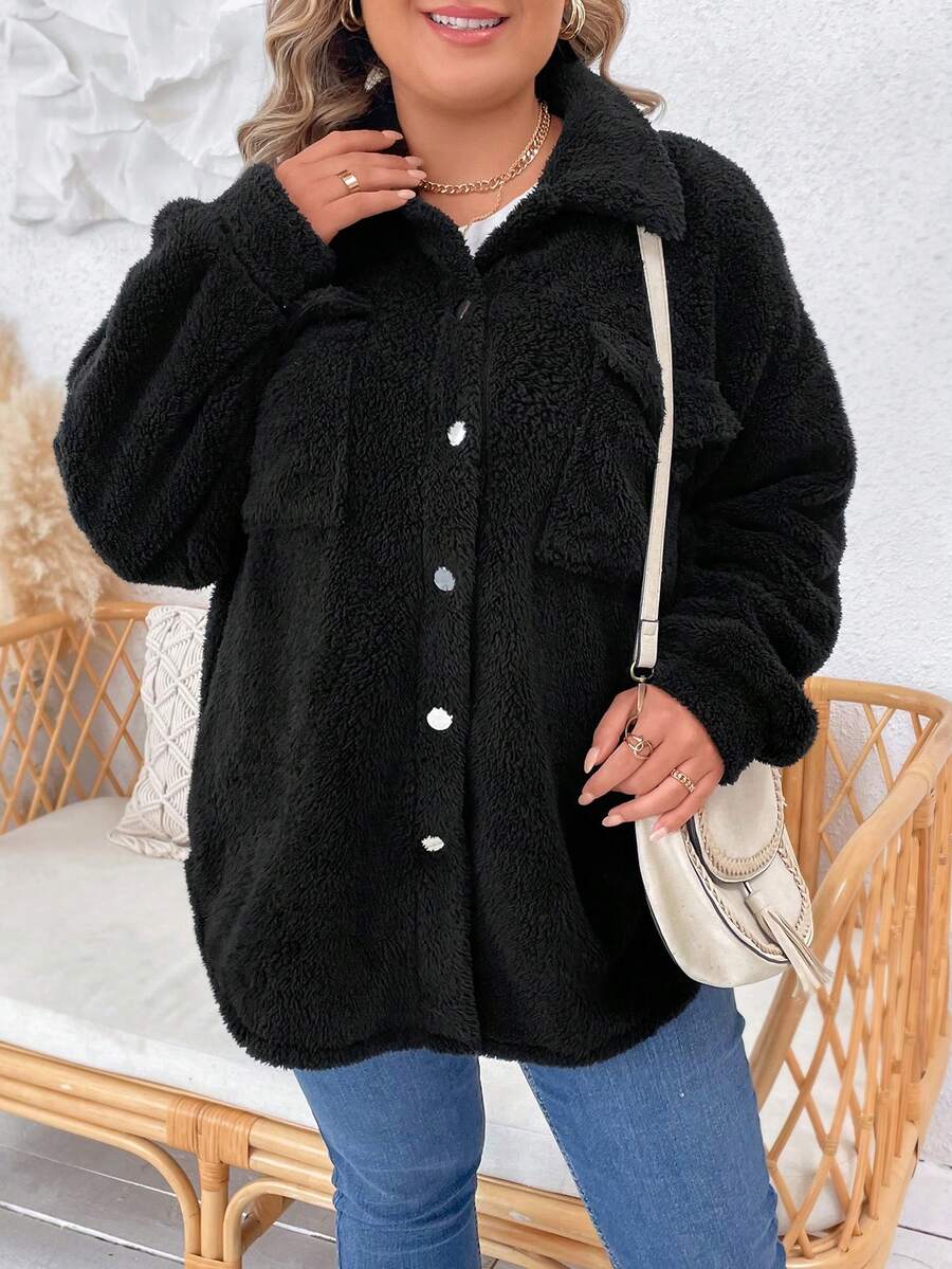 SHEIN LUNE 大碼落肩袖翻蓋口袋絨毛外套 - 黑色 - 查看 1