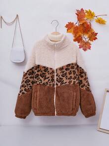 Tween Girl 1pc Leopard Pattern Colorblock Zip Up Teddy Jacket - Brown - View 3