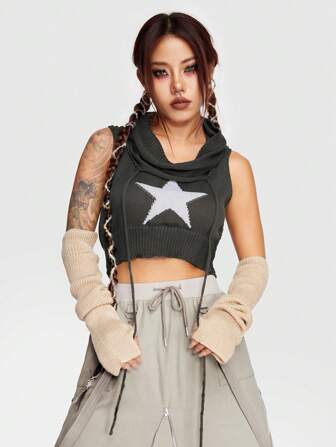 Grunge Punk Chaleco de punto con patrón de estrella con fruncido delantero