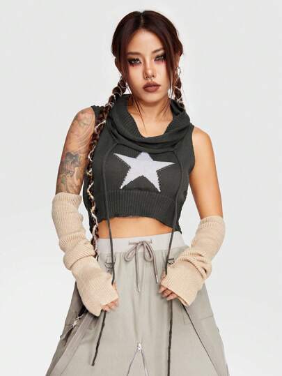 Grunge Punk Star Pattern Draped Front Sweater Vest
