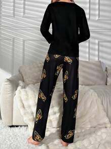 蝴蝶圖案睡衣套裝 - 黑色 - 查看 2