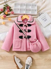 SHEIN 年輕女孩撞色飾邊粗呢泰迪熊外套和包 - 粉色 - 查看 1