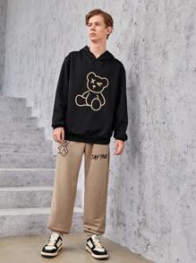 SHEIN 青少年男孩小熊印花落肩袖連帽衫&字母圖案衛褲 - 彩色 - 查看 5