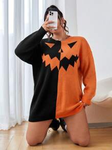 SHEIN EZwear Plus Two Tone Drop Shoulder Sweater - Multicolor - View 1