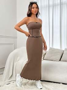 SHEIN Qutie Mũi chỉ tương phản Ống ngọn & Ren Mộc nhĩ Váy - Cà phê nâu - Xem 3