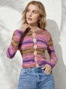 SHEIN Unity Áo len chui đầu dệt kim cài nút phía trước nhuộm màu loang, thích hợp cho mùa thu đông. - Nhiều màu - Xem 1