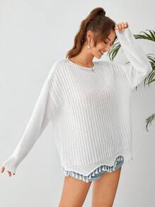 Soleia Drop Shoulder Tassel Hem Sweater - White - View 5