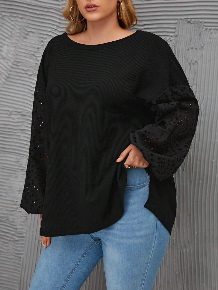 SHEIN LUNE Plus Size Women'S Drop Shoulder Ribbed Top - Black - View 1