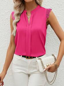 SHEIN Clasi Guipure Lace Panel Notched Neckline Blouse - Red Violet - View 3