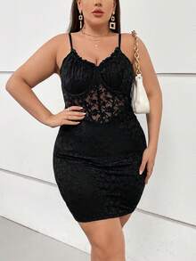 SHEIN Privé 大碼撞色蕾絲吊帶緊身洋裝 - 黑色 - 查看 3