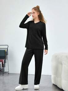 SHEIN Teen Girl Solid Tee & Pants - Black - View 3