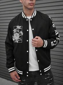 Manfinity Roghcode Men Letter Graphic Striped Trim Raglan Sleeve Varsity Jacket - Black - View 6