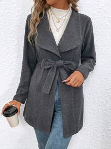 SHEIN LUNE Waterfall Collar Open Front Belted Overcoat - Dark Grey - View 4