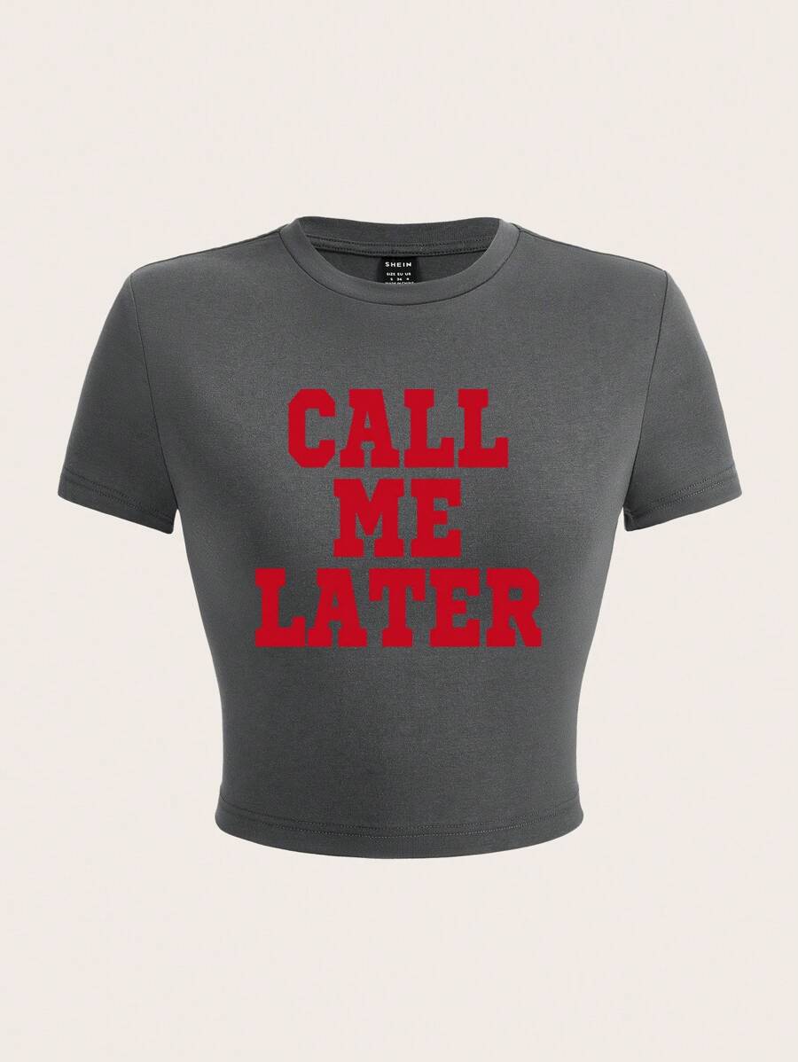 SHEIN EZwear 標語圖案短款T恤 - 深灰色 - 查看 1