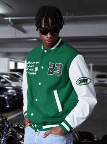 Manfinity RebelGame Men Letter Graphic Two Tone Varsity Jacket - Dark Green - View 3