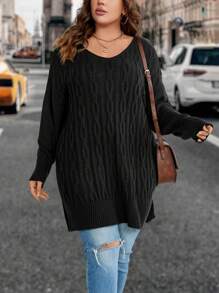 SHEIN Clasi Hơn Xoắn Dan Thả vai Viền chia cắt Áo len - Màu xám đen - Xem 1