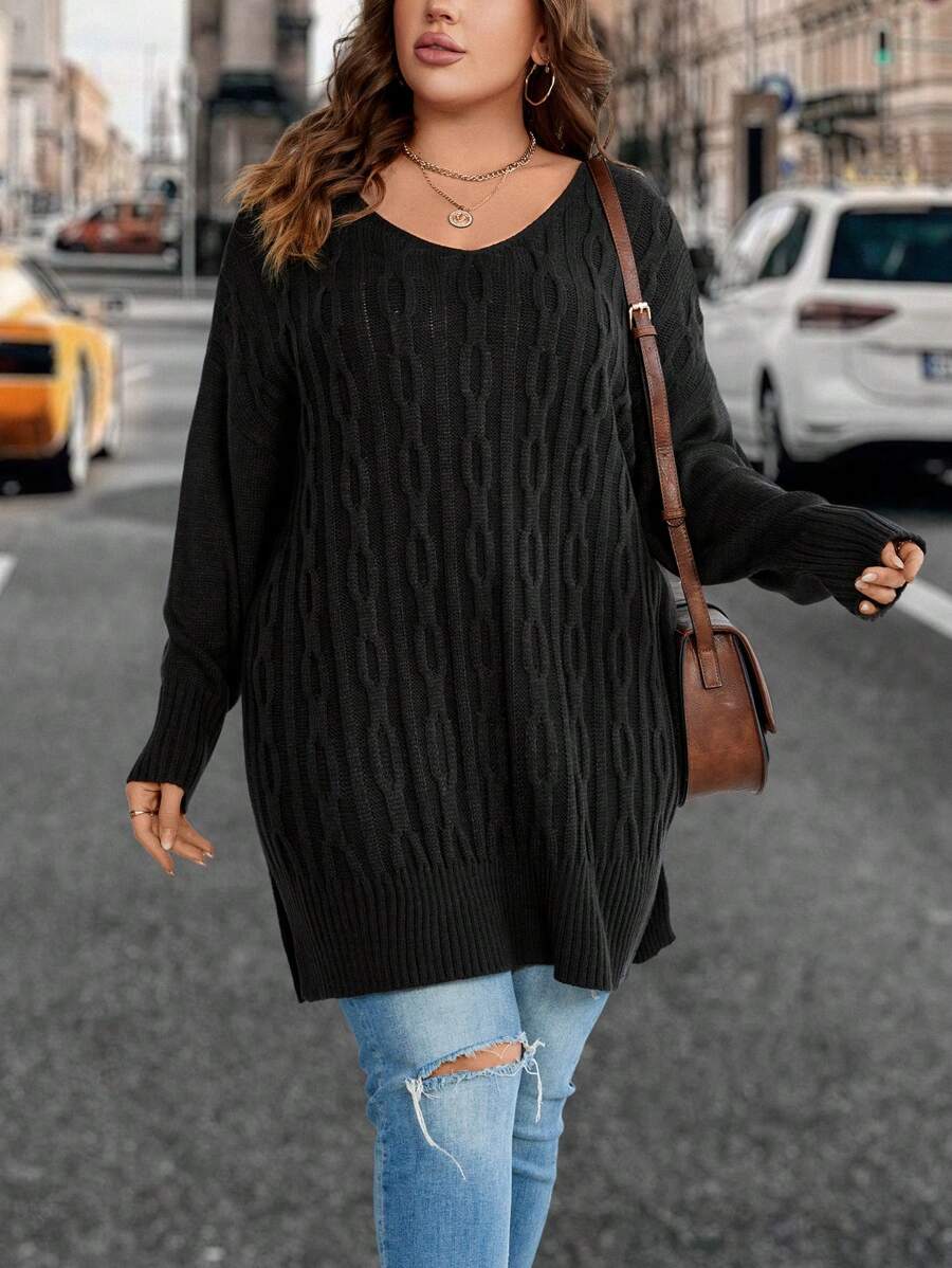 SHEIN Clasi Hơn Xoắn Dan Thả vai Viền chia cắt Áo len - Màu xám đen - Xem 1