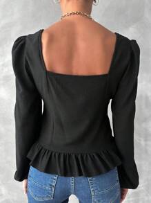 RueChic Drawstring Front Lantern Sleeve Ruffle Hem Blouse - Black - View 2