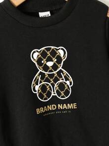 Bebé niña Sudadera con estampado de oso y letra con costura lateral en contraste y pantalones deportivos - Negro - Ver 7