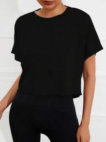 Easithlete 纯色插肩袖短款运动 T 恤健身上衣修身衬衫运动背心 - 黑色 - 查看 4