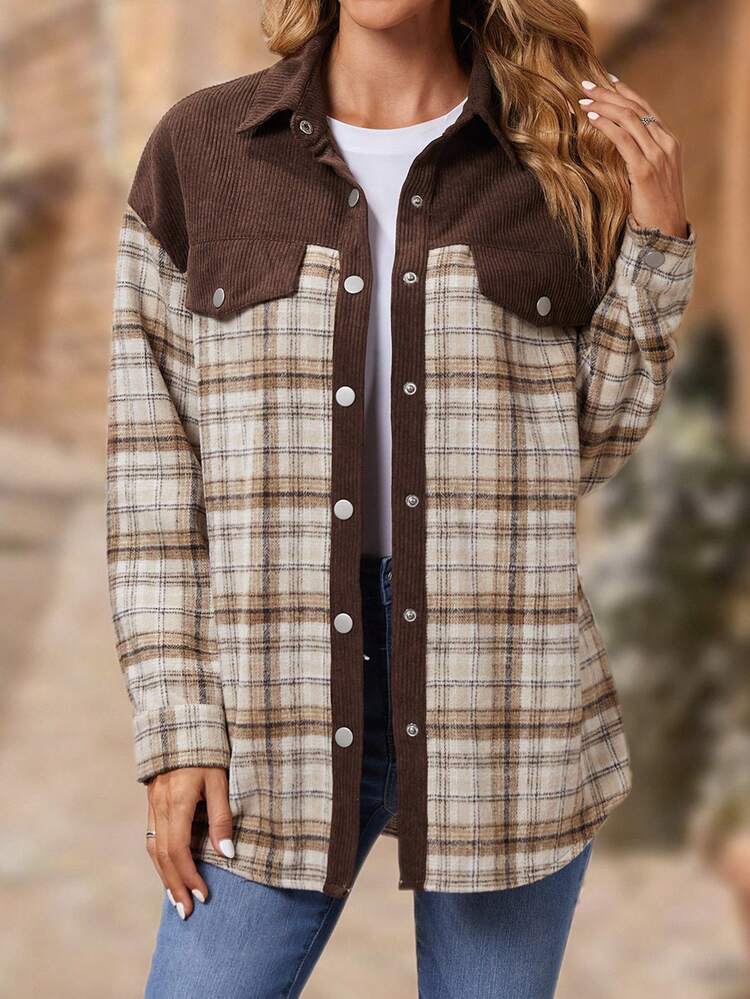 Plaid Print Drop Shoulder Flap Detail Coat