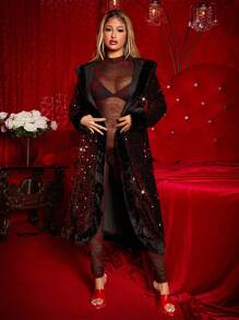 SHEIN SXY Sequin Sheer Longline Hooded Coat - Red - View 3
