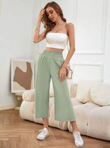 SHEIN LUNE Shirred Waist Wide Leg Capri Pants - Green - View 3