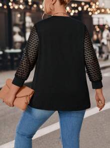 SHEIN LUNE Plus Contrast Lace Sleeve Top - Black - View 2