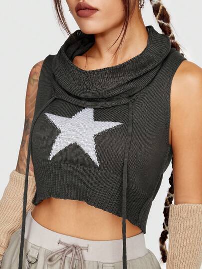 Grunge Punk Chaleco de punto con patrón de estrella con fruncido delantero