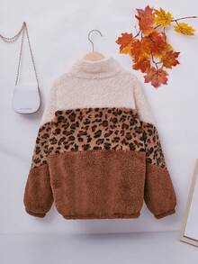 Tween Girl 1pc Leopard Pattern Colorblock Zip Up Teddy Jacket - Brown - View 2
