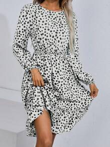 SHEIN Clasi Vestido con estampado de lunares bajo con fruncido - Blanco y Negro - Ver 4