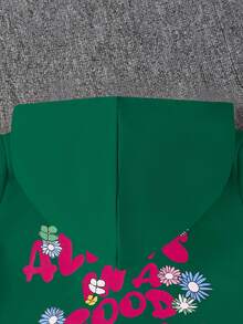 SHEIN 女童花卉和標語圖案連帽衫和運動褲 - 綠色 - 查看 4