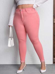 SHEIN LUNE Plus High Waist Skinny Jeans - Baby Pink - View 3