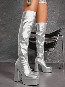 金屬質感人造皮革高筒靴 - 銀色 - 查看 4