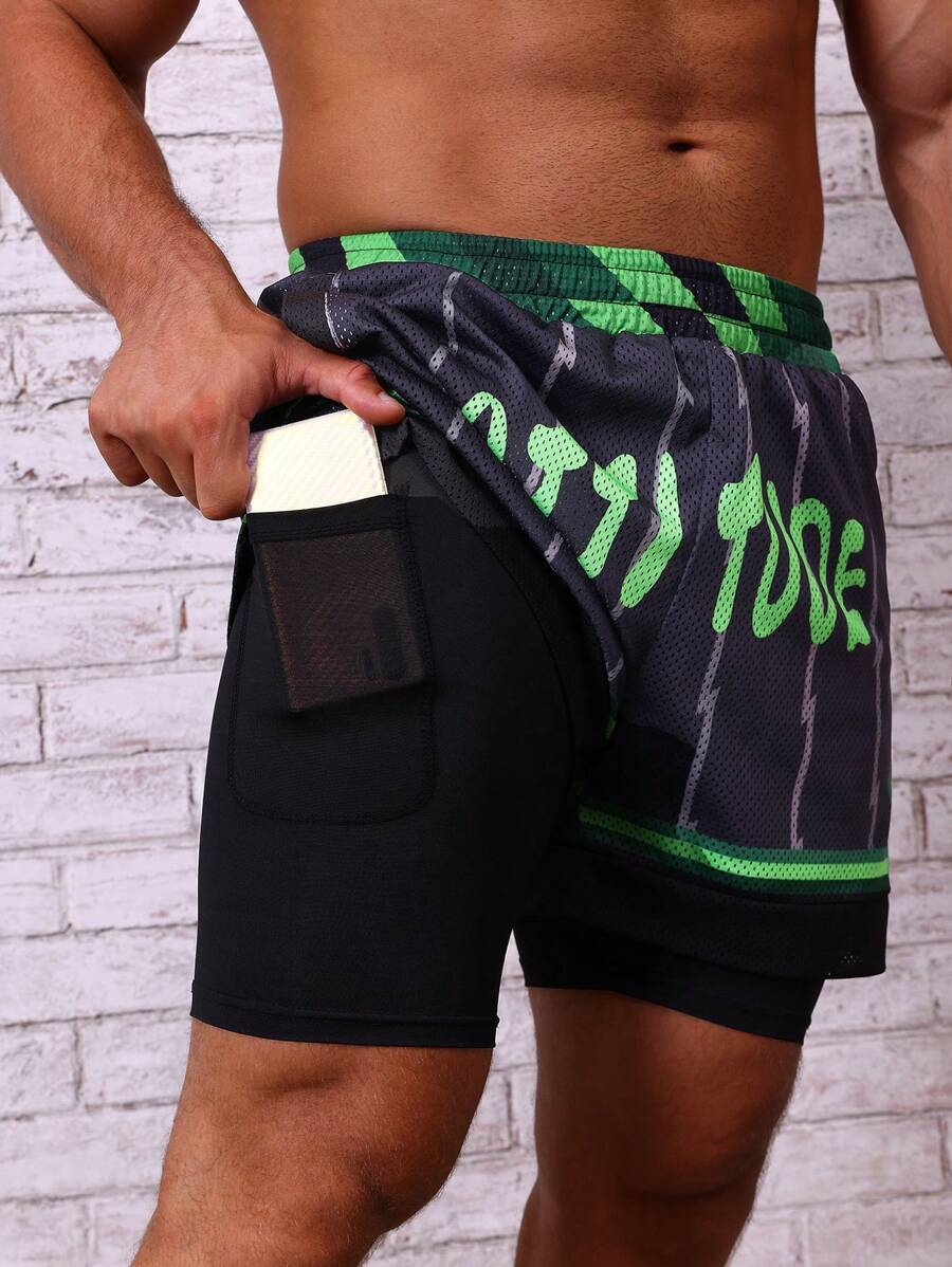 Manfinity Sport Corelite 男士字母圖案運動短褲（帶手機袋）