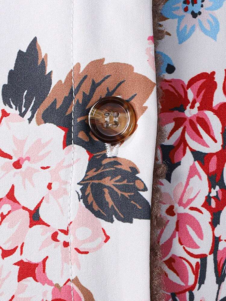 Young Girl Floral Print Teddy Panel Jacket & Skirt