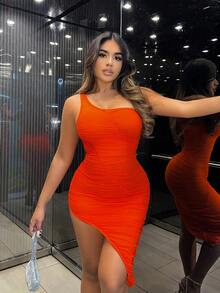 SHEIN SXY Orange Mesh Gathered Asymmetric One Shoulder Women's Dress - Burnt Orange - View 5