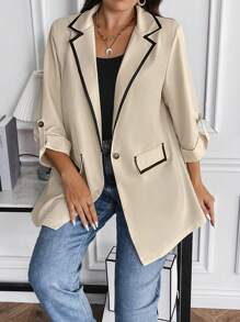 SHEIN Franclia Plus Contrast Binding Roll Tab Sleeve Blazer - Apricot - View 5