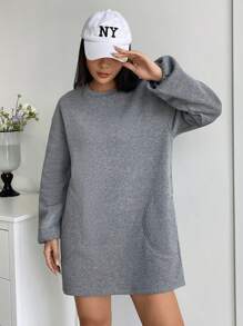 SHEIN EZwear Chất rắn Thả vai Đầm nỉ - Xám - Xem 1