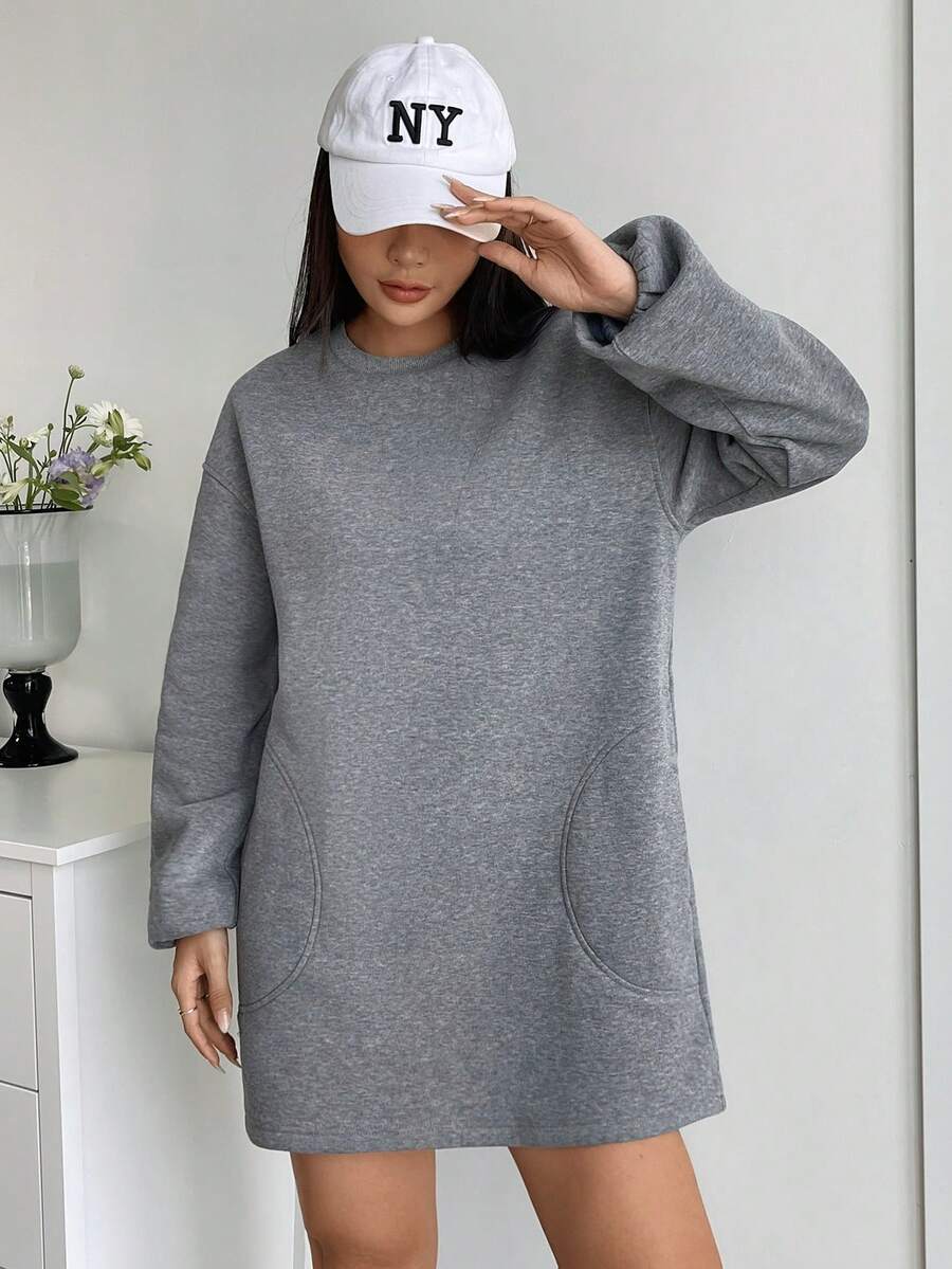 SHEIN EZwear Chất rắn Thả vai Đầm nỉ - Xám - Xem 1