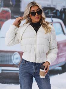 SHEIN Essnce Zip Up Hooded Padded Padded Coat For Winter Clothes - Beige - View 3