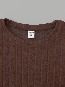 SHEIN Tween Boy Patch Decor Round Neck Long Sleeve Ribbed Casual Knit T-Shirt Fall Winter - Brown - View 5