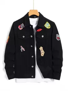 Manfinity Homme Men 1Pc Patched Detail Denim Jacket, Dark Cotton Black Jacket For Party & Grunge Rapper, Fall - Black - View 1