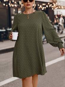 SHEIN LUNE Plus Swiss Dot Lantern Sleeve Tunic Dress - Army Green - View 5