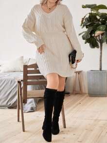 Celure 大碼絞花針織落肩毛衣洋裝 - 杏色 - 查看 6